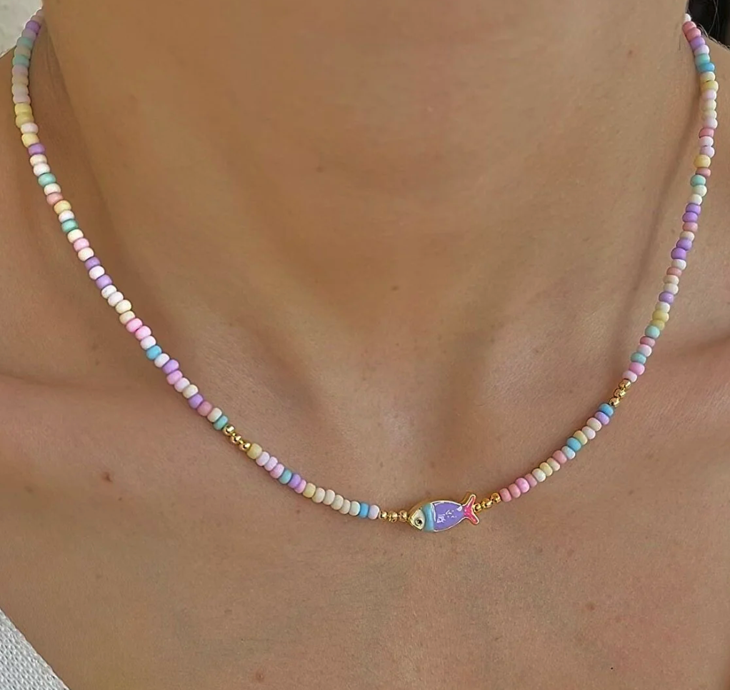 my jewelry style Colored Sand Glass Beads Fish Necklace