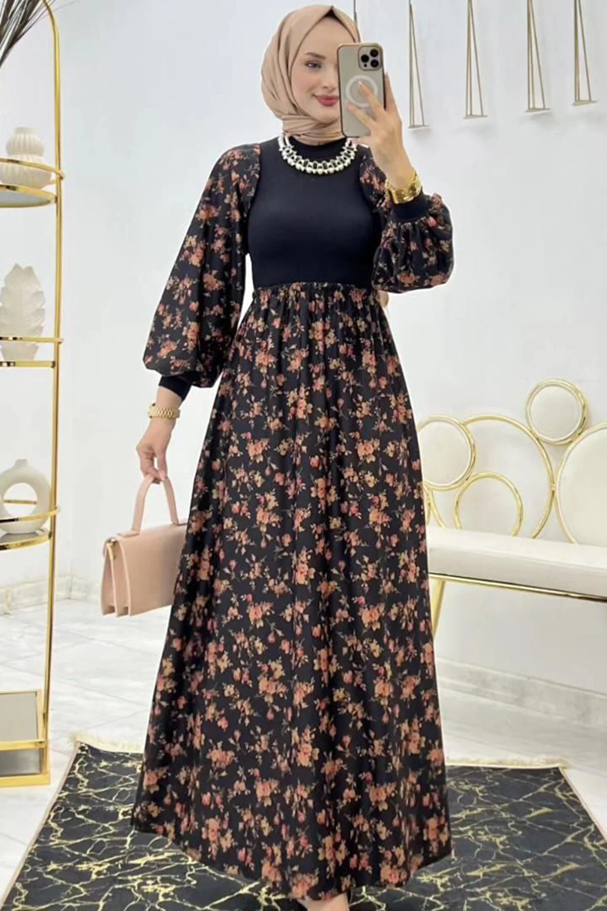 Floral Print Scuba Suede Maxi  Winter Hijab Dress 9950 -Size 36-42
