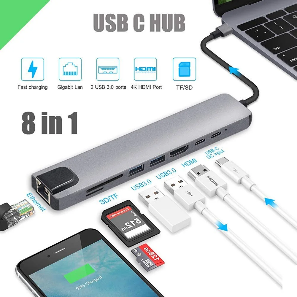 LUX MacBook Pro Air USB Type-C Hub Converter Multiplexer USB HDMI Micro SD 8-Port RJ8i1new 8-in-1