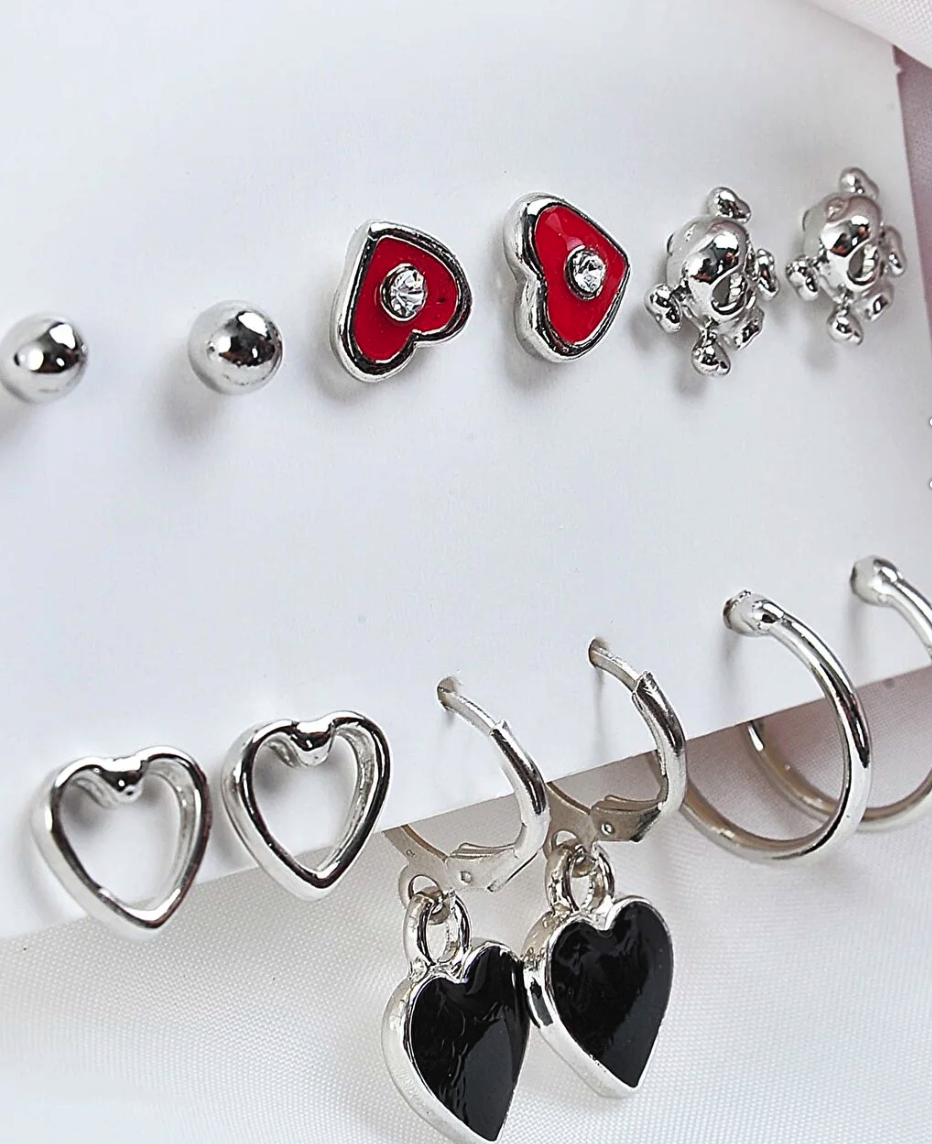 EUROMODA Heart Patterns And Skeleton Design Earrings With Ring And Ball Earring Set Of 12