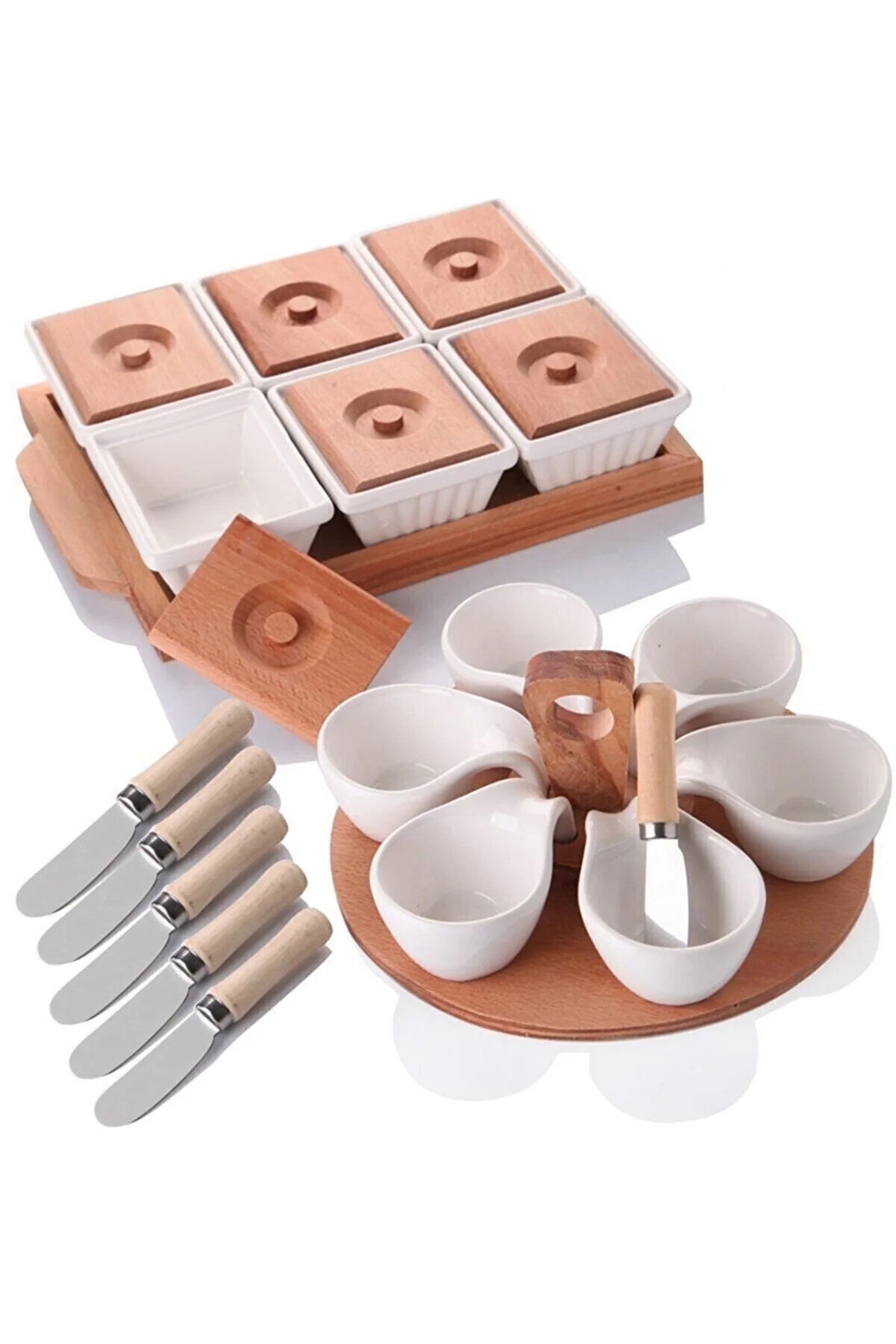 Queen's Kitchen Wooden Breakfast Presentation Set: Luxury Ceramic Compartments, Elegant Wood Stand, and Butter & Jam Knives