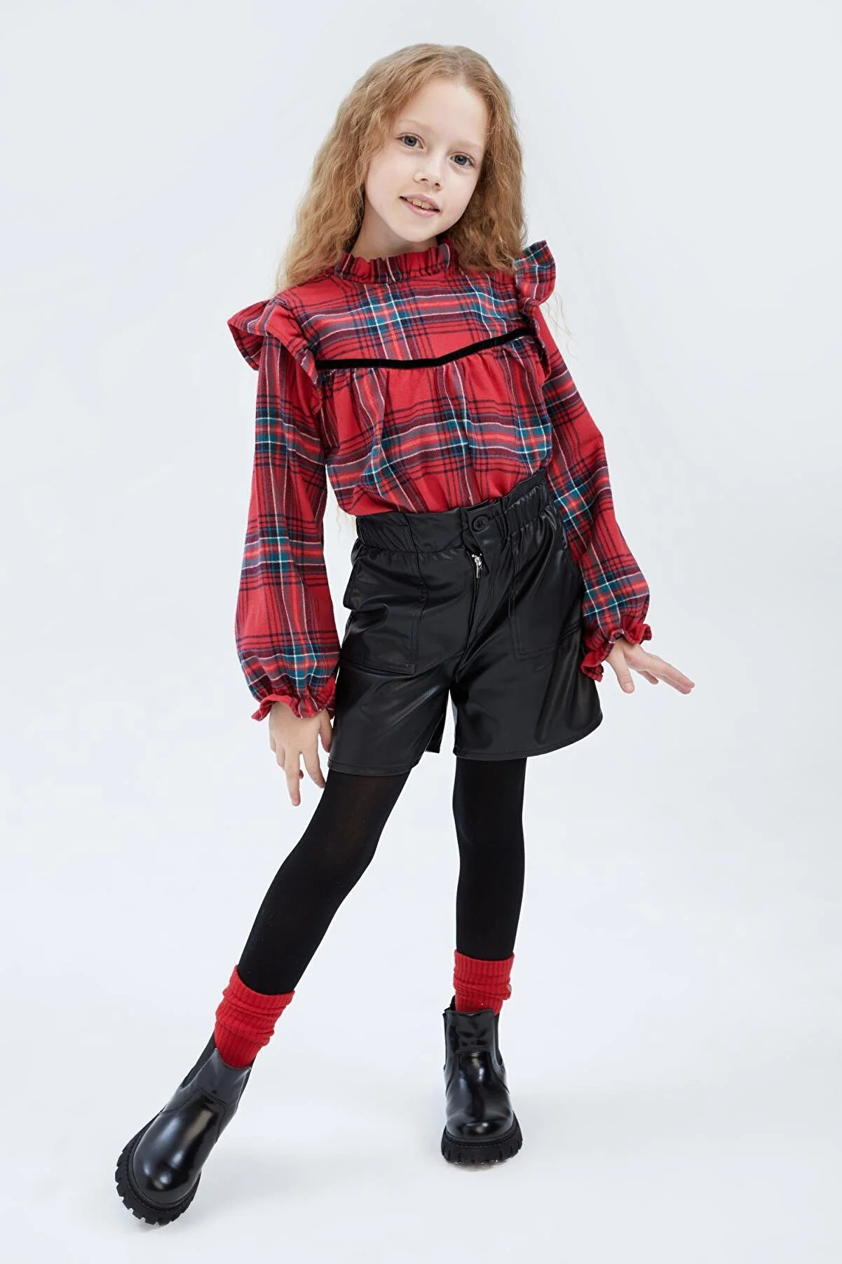 "Defacto Girls' New Year-Themed Checkered Long Sleeve Blouse (Y4604A622WN)"