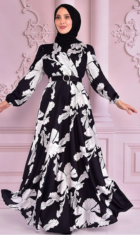 ModaMerve Belted Satin Dress Black Nev14851