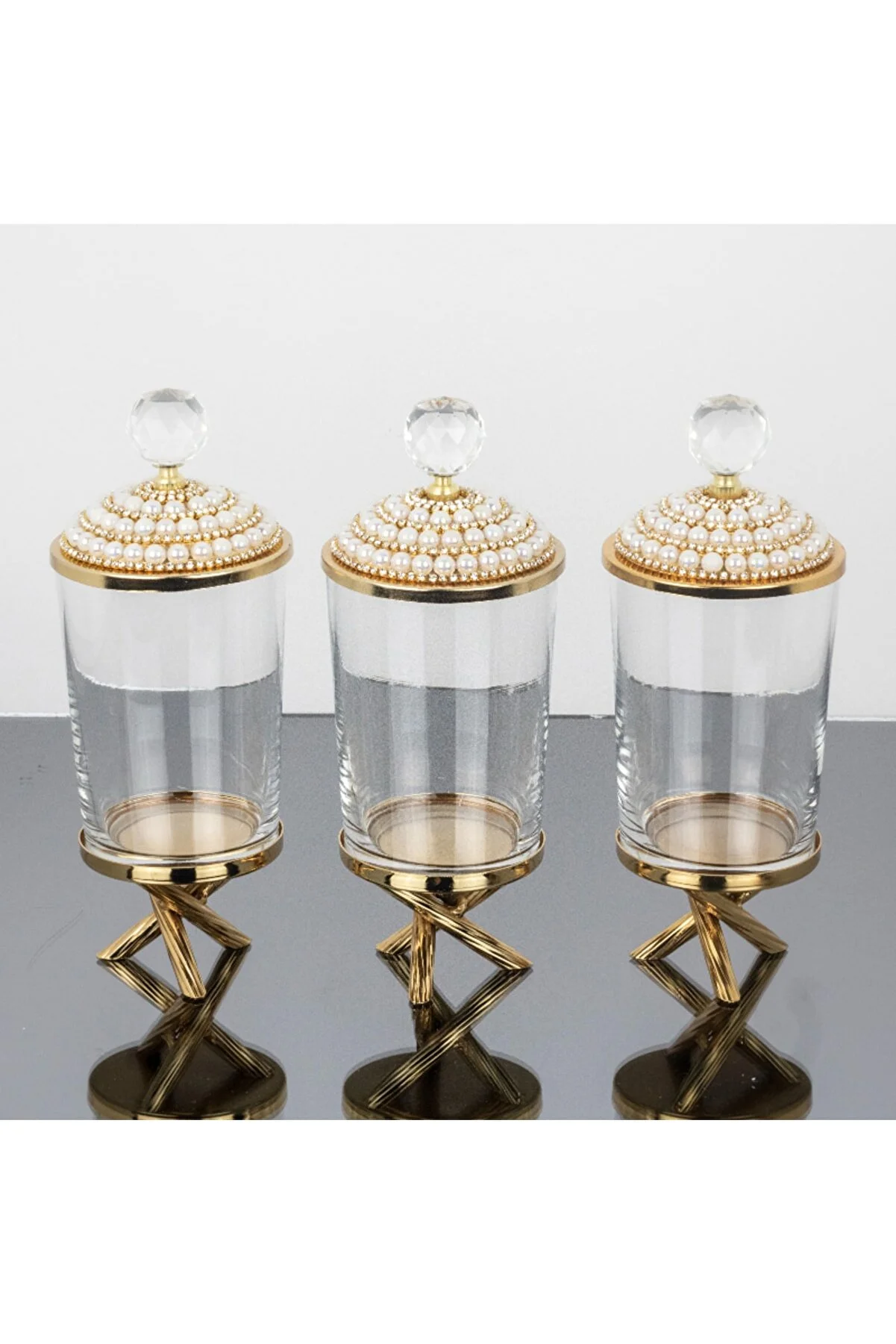 Luxury Gold-Trimmed Incili Sude 3-Piece Set: Metal Stand and Glass Jars for Exquisite Storage and Display