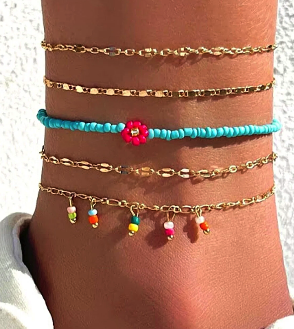 PETEK ACCESSORIES 5 Pieces Bead Chain Anklet Set
